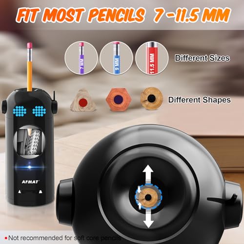 AFMAT Electric Pencil Sharpener, Robot Pencil Sharpener for Colored Pencils 7-11.5mm, Auto in & Out, Fully Automatic Rechargeable Hands-Free Pencil Sharpener for Home Classroom, Black