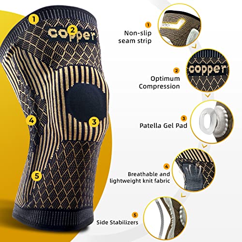 Copper knee brace for knee pain plus size with Side Stabilizers - copper compression Knee Sleeve for knee pain,arthritis pain and support-running knee brace-[Single] (Small)