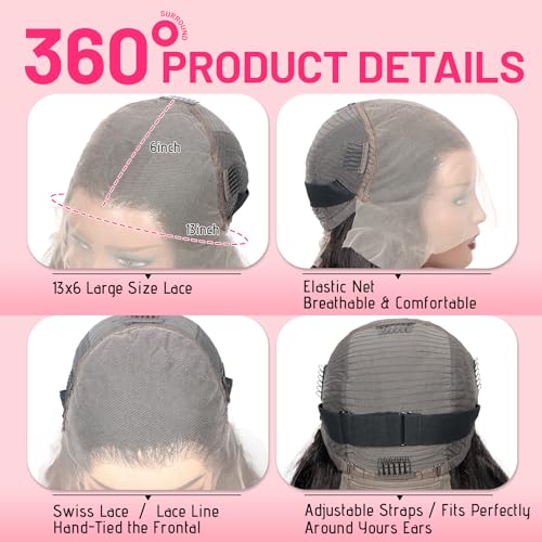 PIOPIC Lace Front Wigs Human Hair Water Wave Pre Plucked 13x6 Curly HD Transparent Lace Front Wigs with Baby Hair 200 Density Gluesless Human Hair Wigs for Women Natural Black Color 20 Inch