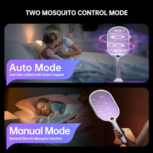 Electric Fly Swatter Racket buzzkick Foldable Bug Zapper Racket Portable 3 In 1 Fly Swatter Electric With USB Rechargeable Base 3500V Dual Mode Mosquito Killer For Indoor Home Kitchen Bedroom Backyard