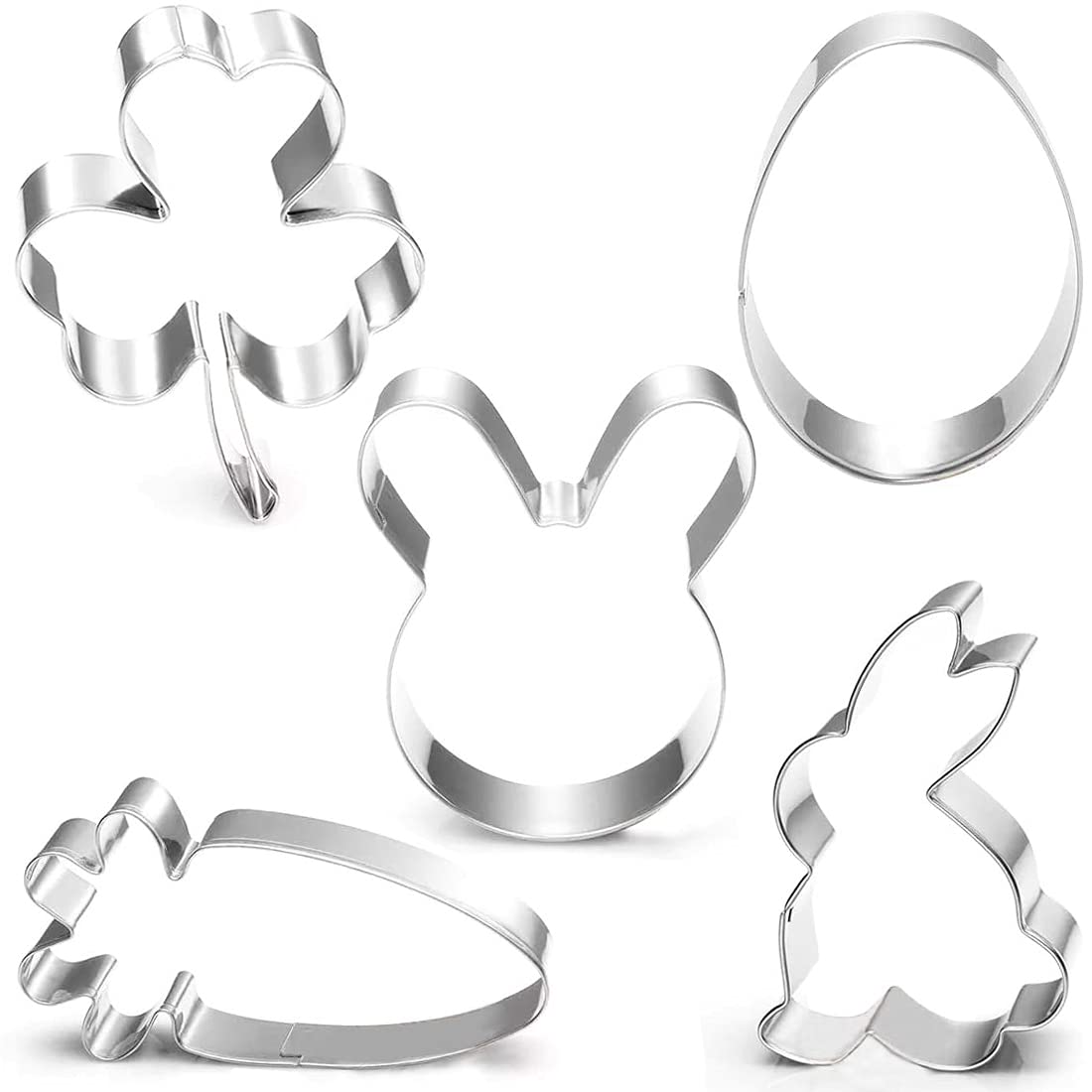 KANNTIE 5-Piece Easter Cookie Cutter Set, Easter Bunny, Egg, Rabbit Head, Shamrock and Carrot