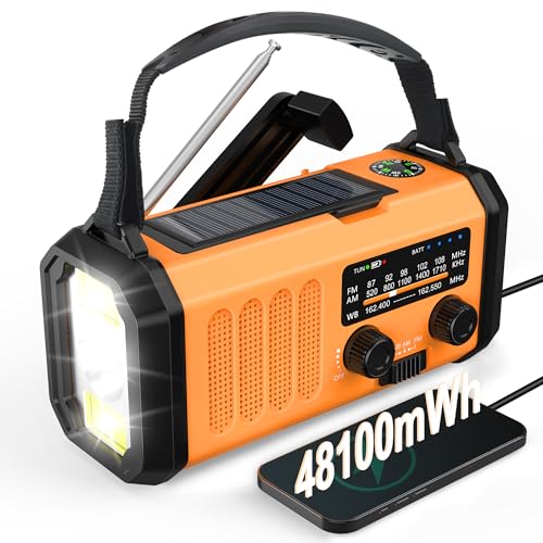 48100mWh NOAA Emergency Weather Radio, Solar Hand Crank Radio,Portable AM/FM/NOAA Radio with 700LM Crank Flashlight, Reading Lamp,Compass,SOS for Hurricane Storm Emergency Survival Kit Outdoor Camping
