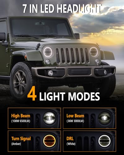 BICYACO 7 Inch LED Halo Headlights with Turn Signal Amber White DRL Compatible with Jeep Wrangler JK JKU 2007-2017 DOT Headlamp