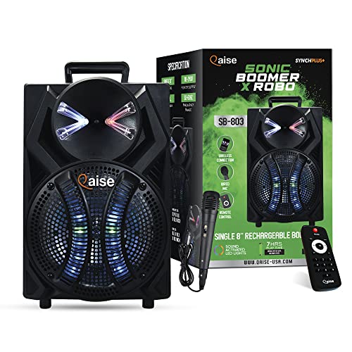 QAISE Portable PA System with Wireless Mic - Bluetooth Party Boombox Speaker & Karaoke Machine with Lights, Dual 10” Subwoofer, X-Bass & 8000 Watts Peak Power - SonicBoomer X-Dix