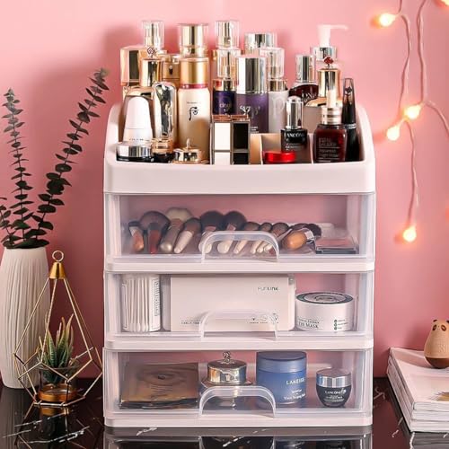 Makeup Organizer with 3 Drawers, Cosmetic Display Cases, Makeup Storage Box (3 Drawers) (white)