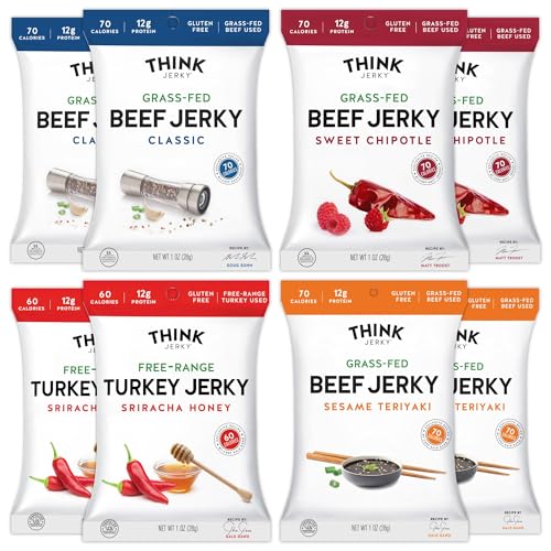 Think Jerky Beef and Turkey Jerky Variety Pack, Classic, Sweet Chipotle, Sriracha Honey, Sesame Teriyaki, Healthy Meat Snack, Low Calorie Low Fat - 1.0 oz Bags, 8 Pack, 2 of Each