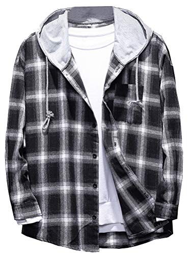 Lavnis Men's Plaid Hooded Shirts Casual Long Sleeve Lightweight Shirt Jackets Black S