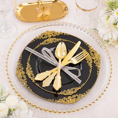 Hioasis 175pcs Black and Gold Plastic Plates - Black Gold Disposable Plates Include 25 10.25” Dinner Plates,25 7.5” Dessert Plates,25 Knives,25 Forks,25 Spoons,25 Napkins for Wedding & Party Halloween