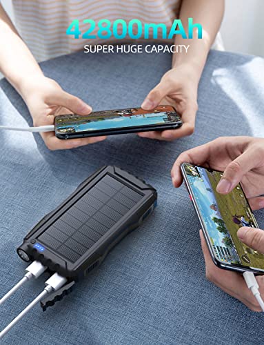 Power-Bank-Solar-Charger - 42800mAh Portable Charger,Solar Power Bank,External Battery Pack 5V3.1A Qc 3.0 Fast Charger Built-in Super Bright Flashlight (Black)