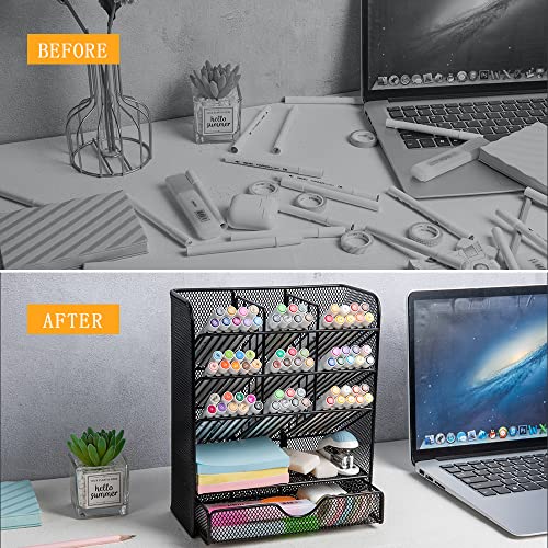 Spacrea Metal Pen Organizer, Pencil Holder for Desk, Desk Organizer with Drawer for School, Home, Art Supplies (Black)