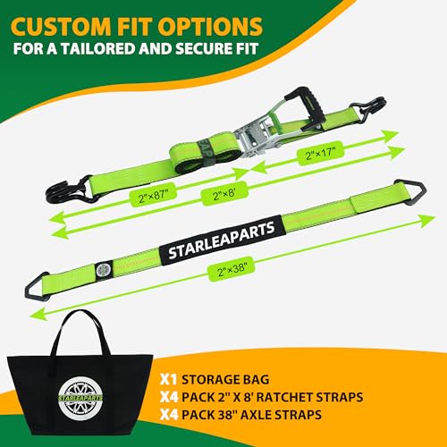 Ratchet Tie Down Set (4PK) - 10,000lb Guaranteed Break Strength, Includes (4) Premium 2" x 8' Ratchet Straps Tie Down with (4) 2" x 38" Axle Straps, Perfect for Truck, UTV, Trailer Moving(Black)