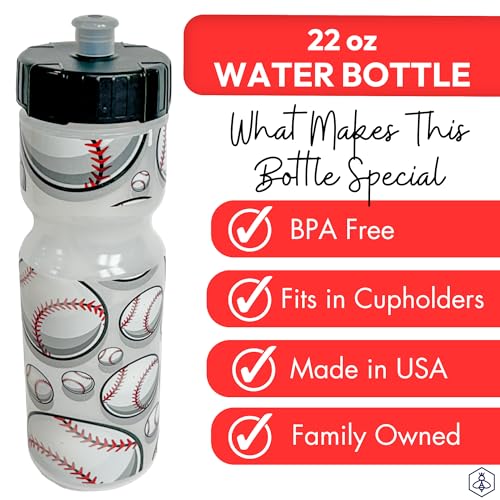 50 Strong 22oz Kids Sports Squeeze Water Bottle – BPA-Free with Pull Top Cap – Durable & Reusable for School, Boys & Girls – Made in USA – Baseball Theme