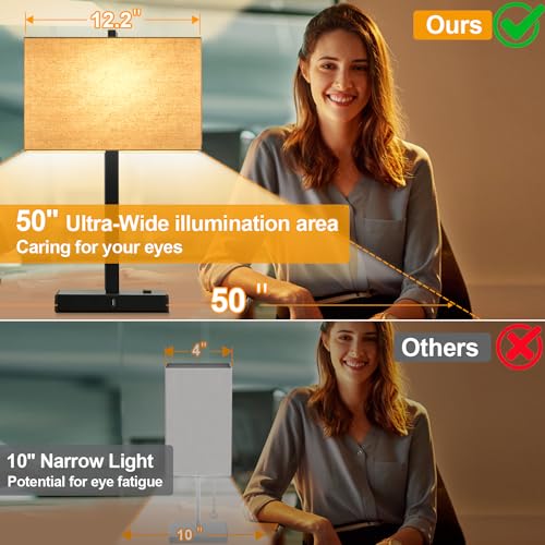 21" Touch Bedside Lamps with 2 USB & AC Outlets, 3-Way Dimmable Bedside Table Lamps Set of 2 for Bedroom Living Room Office Reading, Beige Linen Shade Lamps for Night Stands, 2700K LED Bulbs Included
