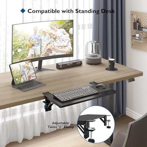 BONTEC Small Ergonomics Desk Extender Tray, 20x9.5 Inch Table Mount Arm Rest Shelf, 90° Foldable Keyboard Tray Platform, Clamp on Computer Arm Rest for Desk, Suitable for Office Desks, Black