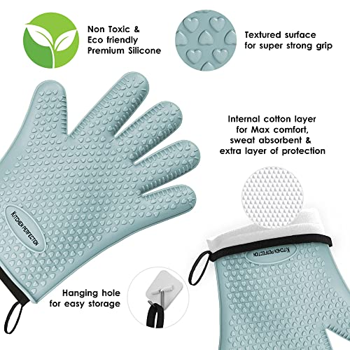 KITCHEN PERFECTION XL Silicone Smoker Oven Gloves-Extreme Heat Resistant BBQ Gloves-Handle Hot Food Right on Your Grill Fryer&Pit|Waterproof Grilling Cooking Baking Mitts|Superior Value Set+3 Bonuses