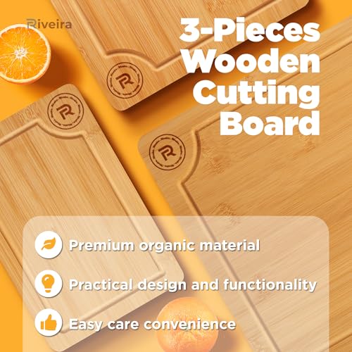 Riveira Bamboo Cutting Boards For Kitchen – Versatile and Durable: Set Of 3 Pcs Rectangular Wooden Cutting Board – Wooden Cutting Boards For Kitchen – Complete Wooden Cutting Boards For Kitchen