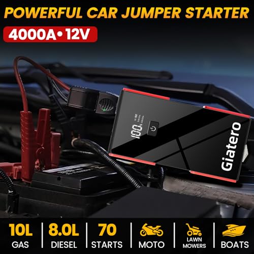 Giatero 006B 4000A Car Jump Starter, Portable Jump Start Battery Pack(10.0L Gas/8.0L Diesel), 12V Battery booster Jump Box with 3 Modes Flashlight, Jumper Ca