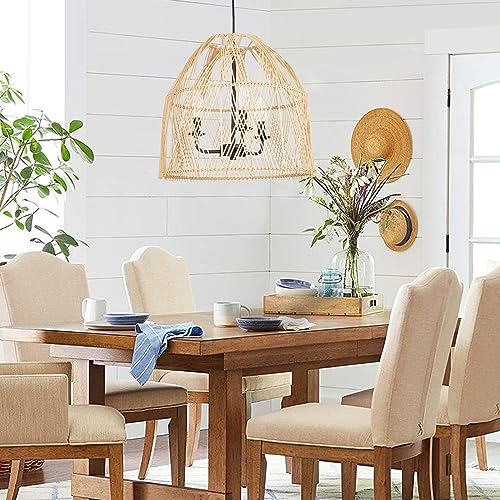 Rosient Farmhouse Rattan Pendant Light Fixture, 16 Inch Large Boho Handwoven Hanging Ceiling Mount Lamp Shade, 3-Light Rustic Wicker Chandelier for Kitchen Dining Living Room Bedroom Hallway Foyer