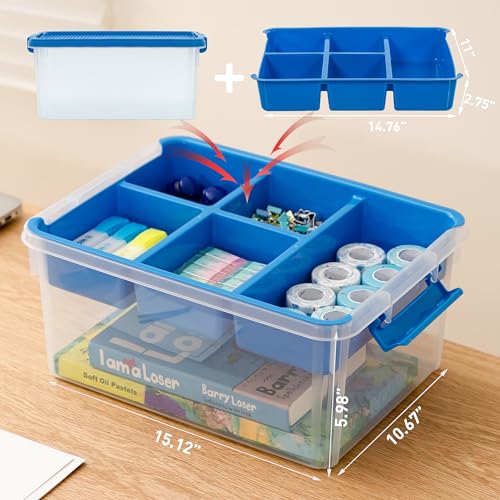 Citylife 17 QT Plastic Storage Box with Building Baseplate Lid and Removable Tray Craft Organizers and Storage Clear Storage Container for Organizing Bead, Tool, Sewing, Blue