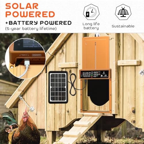 Asfrost Automatic Chicken Coop Door Solar Powered Automatic Chicken Door with Timer & Light Sensor, Anti-Pinch, Durable Aluminum Auto Chicken Door, Charge with Solar Panel & USB - Brown