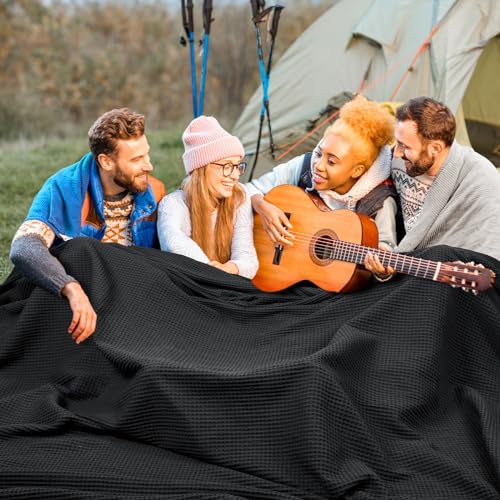 PHF 100% Cotton Waffle Weave Black Throw Blanket 50" x 60"-Lightweight Washed Soft Breathable Blanket for Adults and Kids-Perfect Blanket Layer for Couch Bed Sofa-Elegant Home Decoration