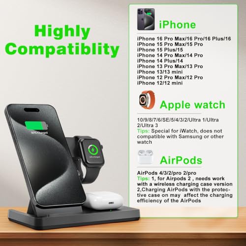 Magnetic 3 in 1 Wireless Charging Station for Magsafe iPhone 12-15 Series, Charging Station for Multiple Devices, Mag-Safe Wireless Charger Stand for Apple Watch 9/8/7/6/5/4/3/2/SE & AirPods 3/2/Pro