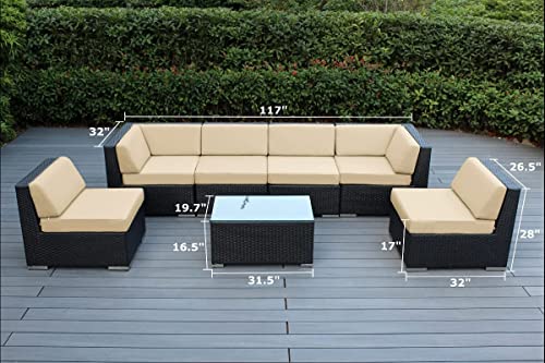 Ohana 7-Piece Outdoor Patio Furniture Sectional Conversation Set, Black Wicker with Blue Cushions - No Assembly with Free Patio Cover