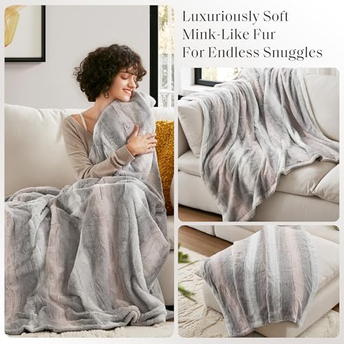 Madison Park Zuri Soft Plush Luxury Oversized Faux Fur Throw Animal Stripes Design, Faux Mink On The Reverse, Modern All Seasons Blanket for Bed, Sofa Couch, Office, Aqua, 60x70