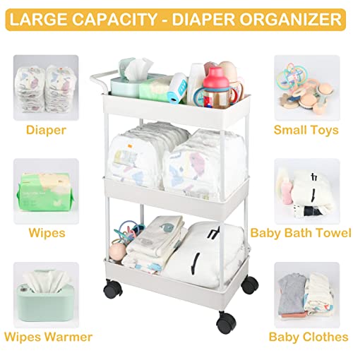 Volnamal Baby Diaper Caddy, Plastic Movable Cart for Newborn Nursery Essentials Diaper Storage Caddy Organizer for Changing Table & Crib, Easy to Assemble, Beige