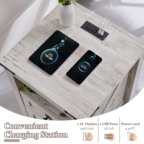 T4TREAM Nightstand with Charging Station, End Table, Side Table with 2 Drawers Storage Cabinet for Bedroom, Living Room, Farmhouse Design, Wood Rustic, Antique White