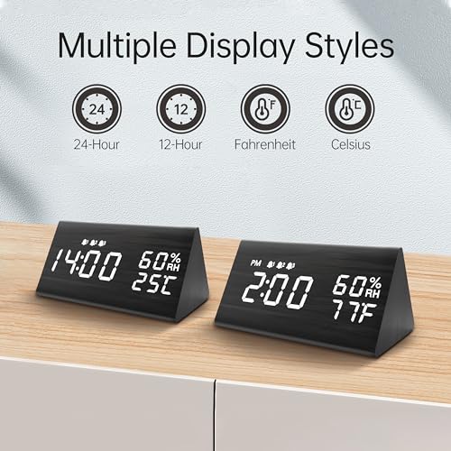 Digital Alarm Clock, with Wooden Electronic LED Time Display, 3 Alarm Settings, Humidity & Temperature Detect, Wood Made Electric Clocks for Bedroom, Bedside (Black)