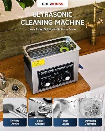 CREWORKS Ultrasonic Cleaner with Heater and Timer, 1/2 Gallon Stainless Steel 60W Ultrasonic Cleaning Machine, 2L Sonic Cavitation Machine for Professional Jewelry Watch Glasses Cleaning and More