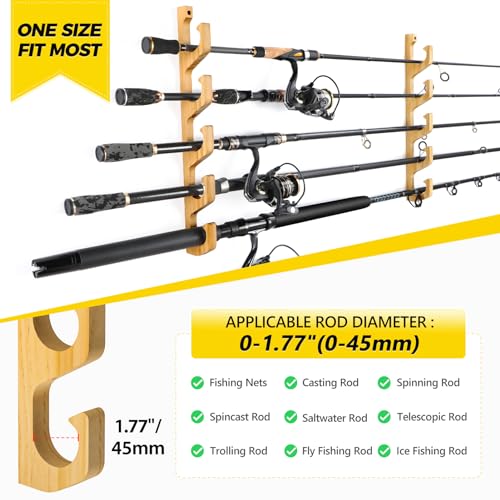 PLUSINNO WH5 Horizontal Fishing Rod/Pole Holders for Garage, Wall or Ceiling Mounted Fishing Rod Rack, Solid Wood Fishing rod Holder Holds up to 5 Rod or Combos or Nets Storage Racks