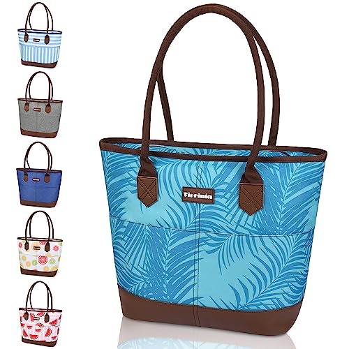 Tirrinia Large Insulated Lunch Tote Bag for Women, Cute Waterproof Leakproof Cooler Bag with Zipper for Work, Beach, Adult Shopping Grocery Bags for Frozen Food - Blue Stripe