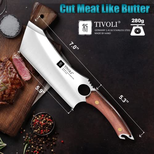 TIVOLI Meat Cleaver Knife Japanese Kitchen Vegetable Knife Sharp Meat Cleaver Forged In Fire Full Tang Cleaver Knife with Sheath Bottle Opener for Outdoor Camping Father's Day Gift Men Women