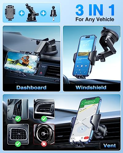 [True Military-Grade] Car Phone Holder VANMASS [2024 Strongest Suction & Clip] Cell Phone Mount for Dashboard Windshield Vent Truck Accessories Cradle Dash Stand for iPhone 15 Pro Max 14 13 12 Android