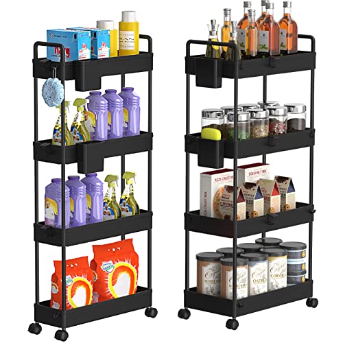 SOLEJAZZ Storage Cart 4 Tier, Laundry Room Organizer, Bathroom Rolling Storage Carts, Mobile Storage Shelves with Brake Wheels, Utility Cart for Apartment Bedroom Office Garage, Black, 2 Pack