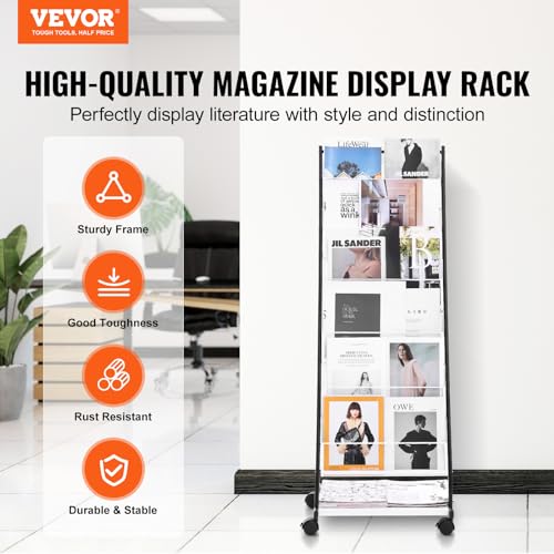 VEVOR Brochure Display Rack, 6-Tier Magazine Literature Display Stand, Floor Standing Magazine Rack Newspaper Catalog Holders, Movable with 4 Wheels (2 Lockable) for Shop Exhibitions Office, 6 Pockets