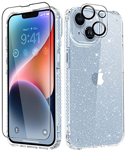MIODIK Compatible with iPhone 14 Case with Screen Protector + Camera Lens Protector, [Non-Yellowing] Clear Glitter Phone Case, Protective Shockproof Women Cover for 6.1 Inch - Sparkle Clear