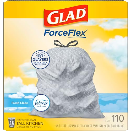 Glad Tall Kitchen Drawstring Trash Bags - Odorshield 13 Gallon White Trash Bag, Febreze Fresh Clean, 110 Count