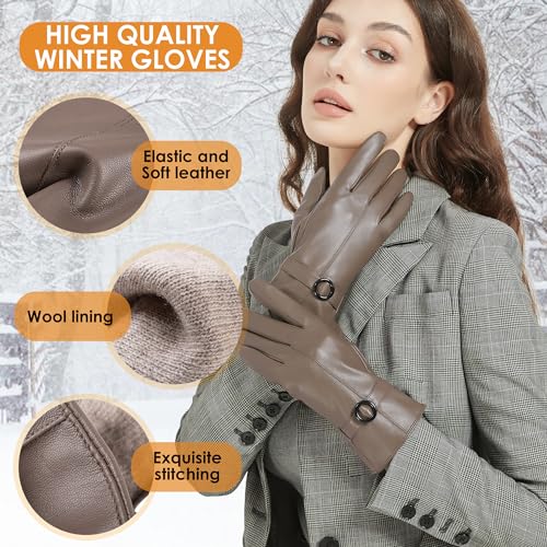 Womens Winter Leather Gloves Touchscreen Texting Warm Driving Lambskin Gloves (Beige, S)