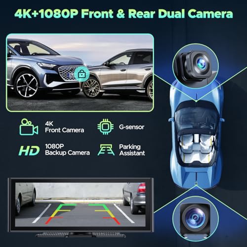 LAMTTO Wireless Carplay &Android Auto with 4K Dash cam,9.26 Inch Protable Carplay Screen for Car,1080P Backup Camera, Digital Media Receivers with Voice Control/Bluetooth/G-sensor/GPS/Mirror Link