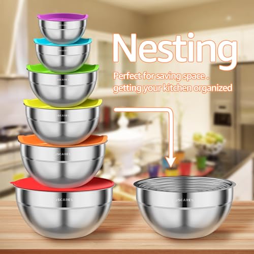 JSCARES Mixing Bowls with Lids Set, 5 Piece Metal Stainless Steel Bowls Colorful Airtight Lids Stackable Food Bowls Size 4, 3.5, 2.1, 1.5, 0.7 QT, Great for Baking & Mixing, Serving