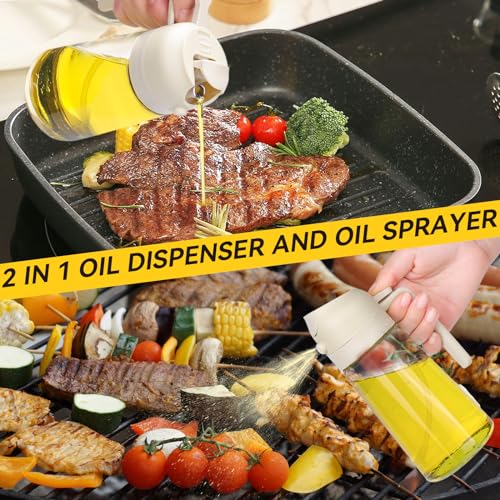 BABORUI 2 In 1 Oil Dispenser and Oil Sprayer, 2Pack 16oz Olive Oil Sprayer with Bottle Brush, Glass Oil Dispenser Bottle Spray and Pour for Air Fryer/Grill/Salads, Kitchen Gadgets for Cooking