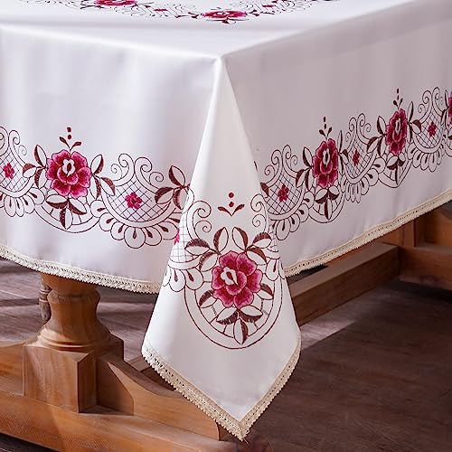 ARTABLE Floral Print Embroidery Tablecloth Cotton Lace Trim Vintage Classic Flower for Dinner Table Kitchen Coffee Table Outdoor and Indoor (Flower-2, 52 x 70 Inch)