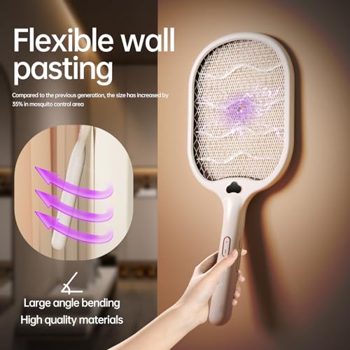 Electric Fly Swatter Racket buzzkick Foldable Bug Zapper Racket Portable 3 In 1 Fly Swatter Electric With USB Rechargeable Base 3500V Dual Mode Mosquito Killer For Indoor Home Kitchen Bedroom Backyard