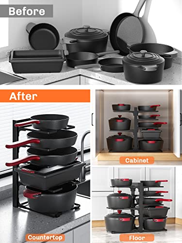 MUDEELA 8-Tier Heavy Duty Adjustable Pan Organizer Rack for Kitchen Cabinet Storage and Organization