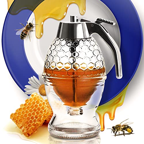 CLEVLI Honey Dispenser – No Drip Glass with Stand – Honey Jar – Clear Glass Honey Container with Dipper 8 Oz – Maple Syrup Dispenser – Honey Pot with Stand – Honey Bottle with Flip Top Lid