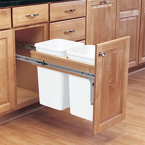 Rev-A-Shelf Double Pullout Trash Can for Under Kitchen Cabinets 27 Quart 8.75 Gallon, Top Mount 11.75 Inch Wide, White, 4WCTM-15DM2-162