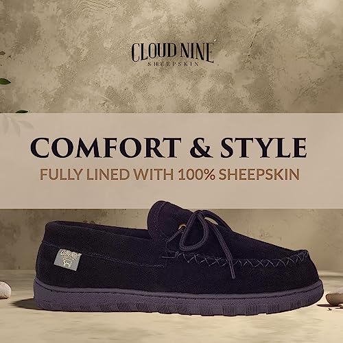 Cloud Nine Sheepskin Slippers Mens Moccasins Shoes - Sheepskin Lined Slip-on Indoor & Outdoor Moccasins for Men Black